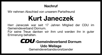 Traueranzeige von Kurt Janeczek von Ostfriesischer Kurier