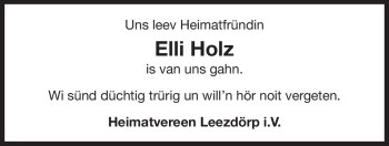 Traueranzeige von Elli Holz von Ostfriesischer Kurier