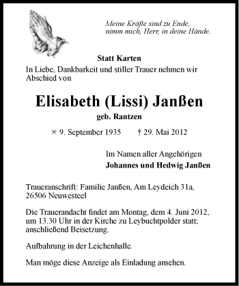 Traueranzeige von Elisabeth Janß?en von Ostfriesischer Kurier