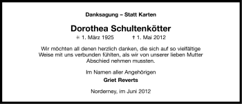 Traueranzeige von Dorothea Schultenkötter von Ostfriesischer Kurier