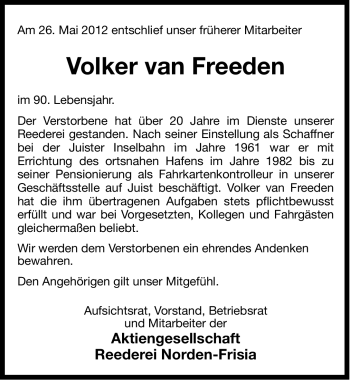 Traueranzeige von Volker van Freeden von Ostfriesischer Kurier