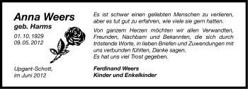 Traueranzeige von Anna Weers von Ostfriesischer Kurier