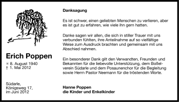 Traueranzeige von Erich Poppen von Ostfriesischer Kurier