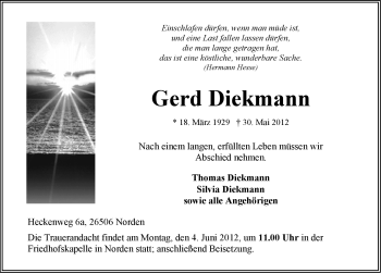 Traueranzeige von Gerd Diekmann von Ostfriesischer Kurier