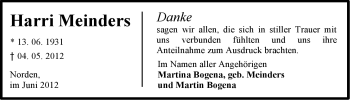 Traueranzeige von Harri Meinders von Ostfriesischer Kurier