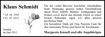 Traueranzeige von Klaus Schmidt von Ostfriesischer Kurier