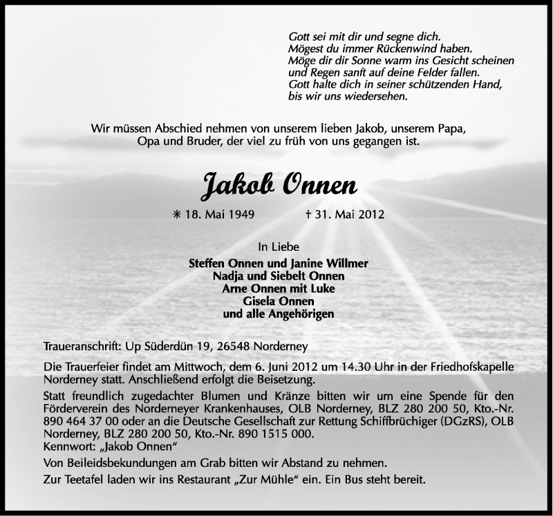  Traueranzeige für Jakob Onnen vom 02.06.2012 aus Ostfriesischer Kurier