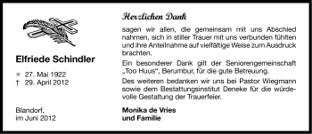 Traueranzeige von Elfriede Schindler von Ostfriesischer Kurier