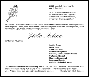 Traueranzeige von Jibbo Adena von Ostfriesischer Kurier