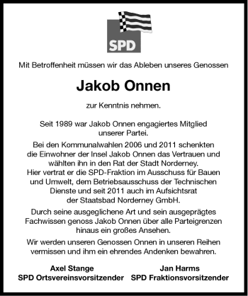 Traueranzeige von Jakob Onnen von Ostfriesischer Kurier