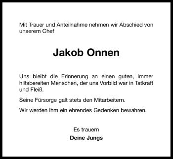 Traueranzeige von Jakob Onnen von Ostfriesischer Kurier