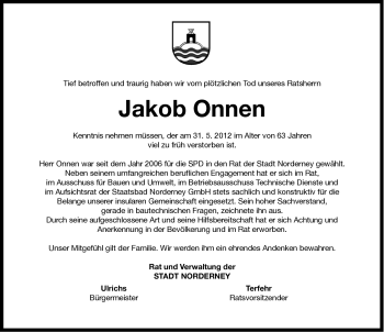 Traueranzeige von Jakob Onnen von Ostfriesischer Kurier