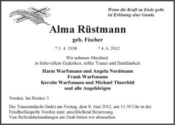 Traueranzeige von Alma Rüstmann von Ostfriesischer Kurier