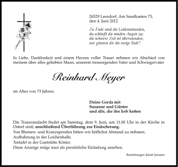 Traueranzeige von Reinhard Meyer von Ostfriesischer Kurier