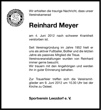 Traueranzeige von Reinhard Meyer von Ostfriesischer Kurier
