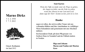 Traueranzeige von Marno Dirks von Ostfriesischer Kurier