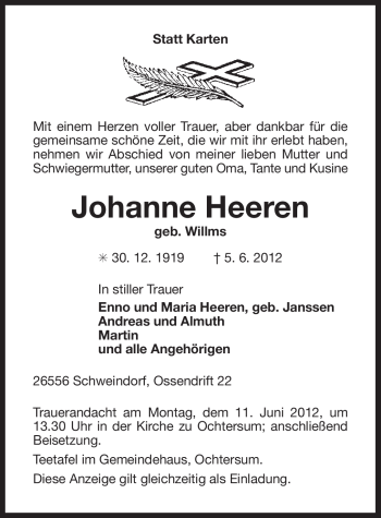 Traueranzeige von Johanne Heeren von Ostfriesischer Kurier