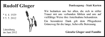 Traueranzeige von Rudolf Gloger von Ostfriesischer Kurier