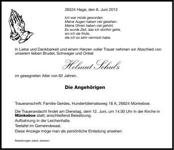 Traueranzeige von Helmut Schulz von Ostfriesischer Kurier