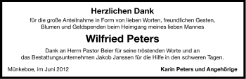 Traueranzeige von Wilfried Peters von Ostfriesischer Kurier