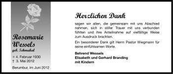 Traueranzeige von Rosemarie Wessels von Ostfriesischer Kurier
