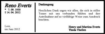 Traueranzeige von Reno Everts von Ostfriesischer Kurier