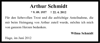 Traueranzeige von Arthur Schmidt von Ostfriesischer Kurier