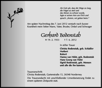 Traueranzeige von Gerhard Bodenstab von Ostfriesischer Kurier
