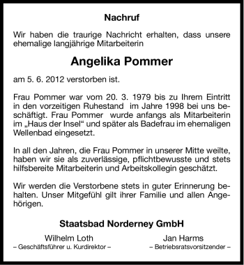 Traueranzeige von Angelika Pommer von Ostfriesischer Kurier