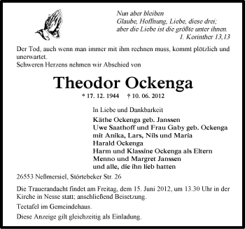 Traueranzeige von Theodor Ockenga von Ostfriesischer Kurier