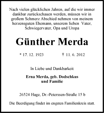 Traueranzeige von GÃ¼nther Merda von Ostfriesischer Kurier