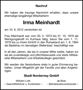 Traueranzeige von Irma Meinhardt von Ostfriesischer Kurier
