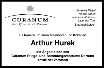 Traueranzeige von Arthur Hurek von Ostfriesischer Kurier