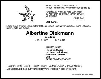 Traueranzeige von Albertine Diekmann von Ostfriesischer Kurier