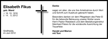 Traueranzeige von Elisabeth Fikus von Ostfriesischer Kurier