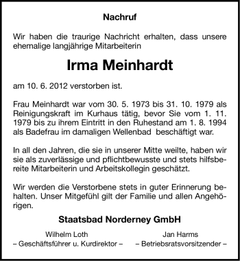 Traueranzeige von Irma Meinhardt von Ostfriesischer Kurier
