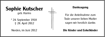 Traueranzeige von Sophie Kutscher von Ostfriesischer Kurier