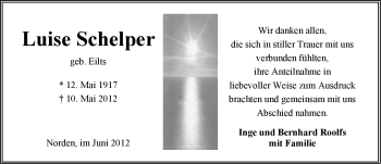 Traueranzeige von Luise Schelper von Ostfriesischer Kurier