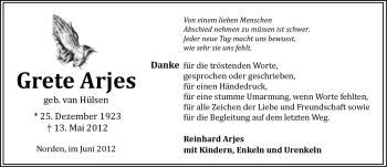Traueranzeige von Grete Arjes von Ostfriesischer Kurier