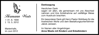 Traueranzeige von Hermann Weets von Ostfriesischer Kurier