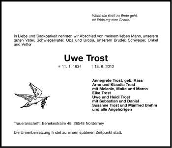 Traueranzeige von Uwe Trost von Ostfriesischer Kurier