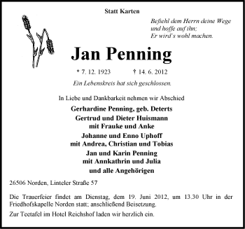Traueranzeige von Jan Penning von Ostfriesischer Kurier