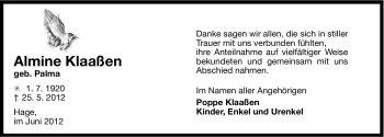 Traueranzeige von Almine Klaaßen von Ostfriesischer Kurier