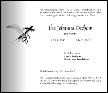 Traueranzeige von Ilse Johanna Dechow von Ostfriesischer Kurier