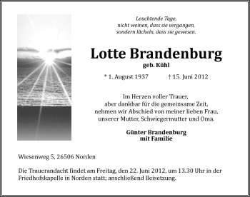 Traueranzeige von Lotte Brandenburg von Ostfriesischer Kurier