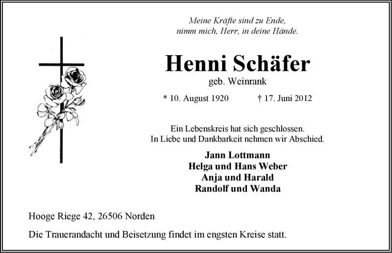  Traueranzeige für Henni SchÃ¤fer vom 19.06.2012 aus Ostfriesischer Kurier