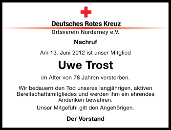 Traueranzeige von Uwe Trost von Ostfriesischer Kurier