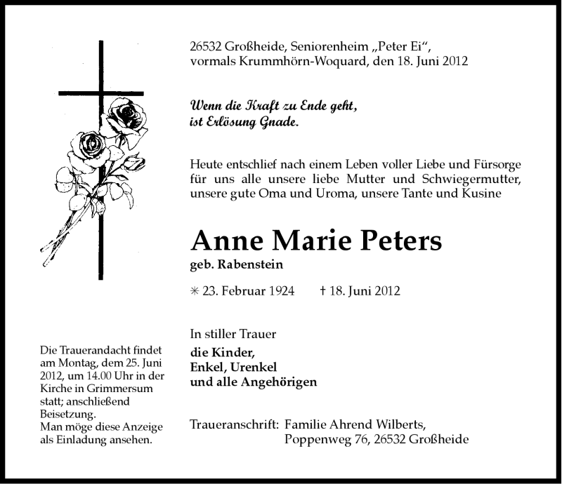 Traueranzeige für Anne Marie Peters vom 20.06.2012 aus Ostfriesischer Kurier