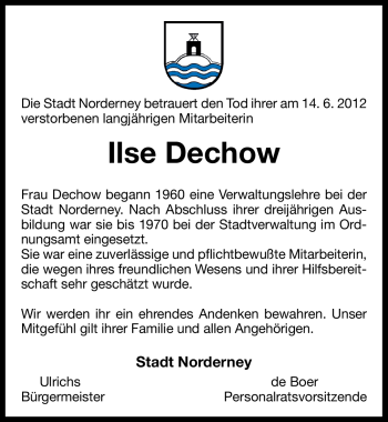 Traueranzeige von Ilse Dechow von Ostfriesischer Kurier