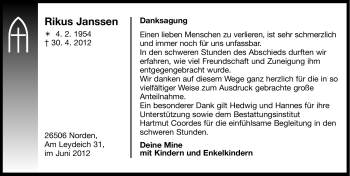 Traueranzeige von Rikus Janssen von Ostfriesischer Kurier
